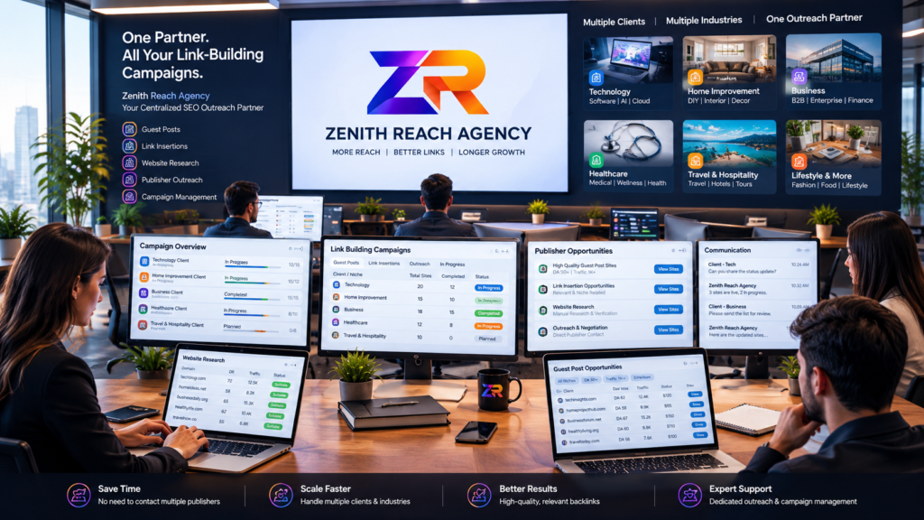 SEO agency managing multiple client link-building campaigns through Zenith Reach Agency