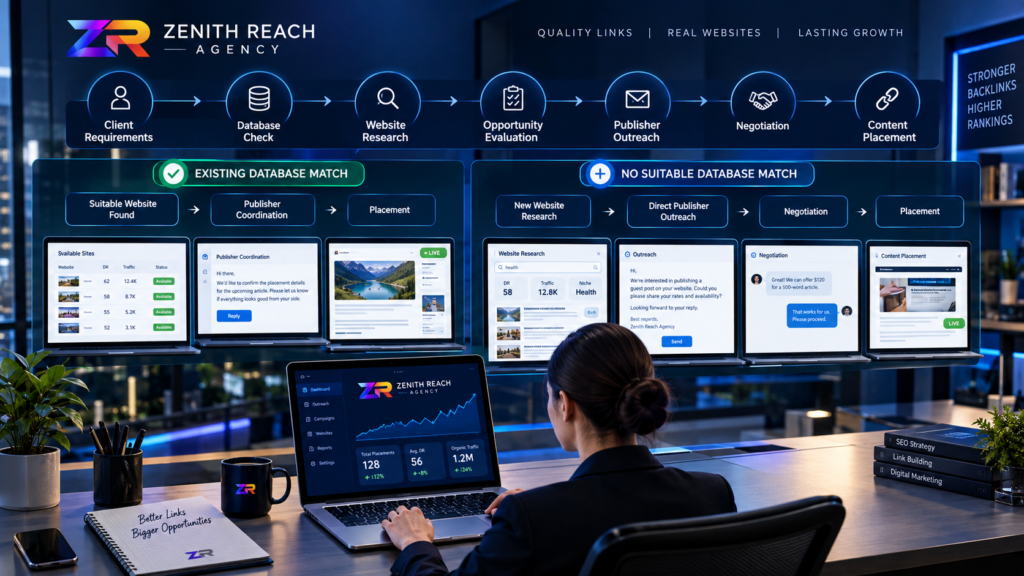 Zenith Reach Agency SEO outreach workflow from requirements to publisher placement